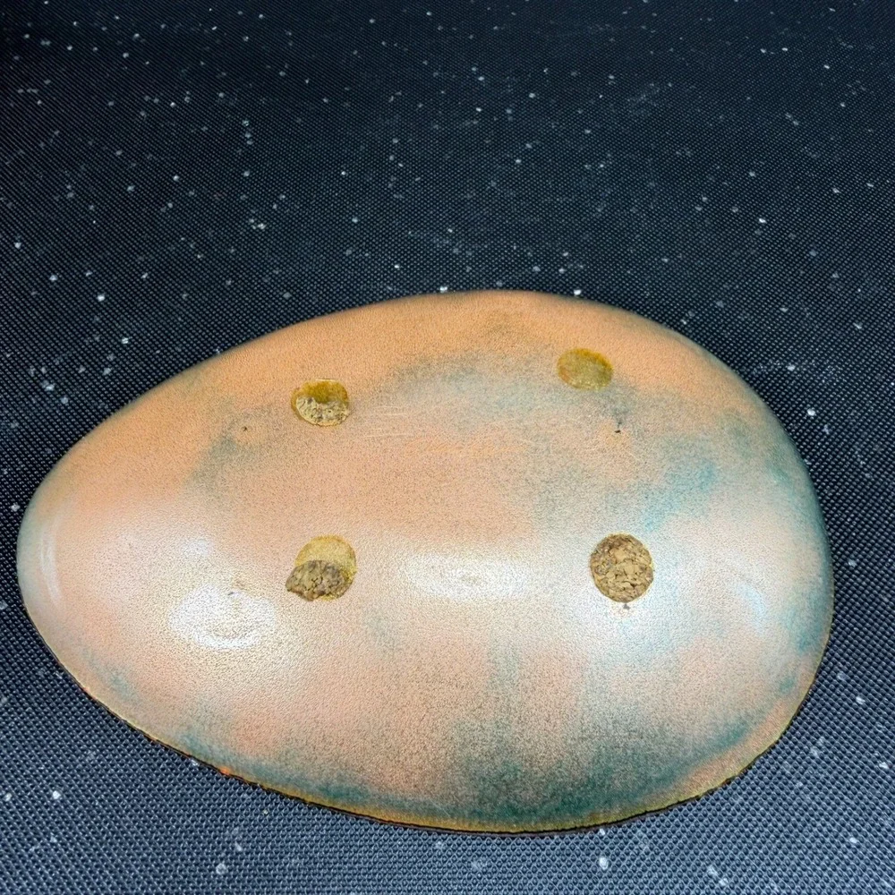 Leon Statham Enamel on‎ Copper Trinket Dish Green Abstract Swirl Egg Shaped VTG